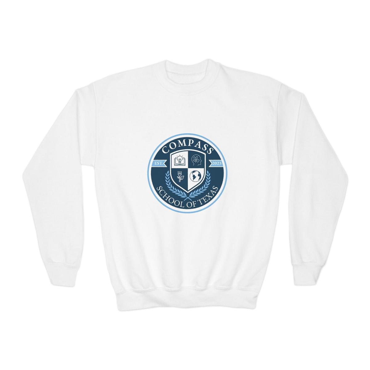 Youth Crewneck Sweatshirt - White Collegiate Logo Blue and White