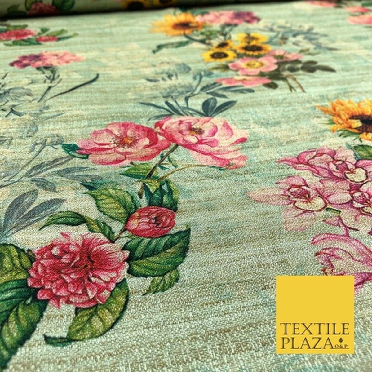 MINT GREEN Sunflower Mix Digital Print Faux Raw Silk Fabric Dress Craft 1467