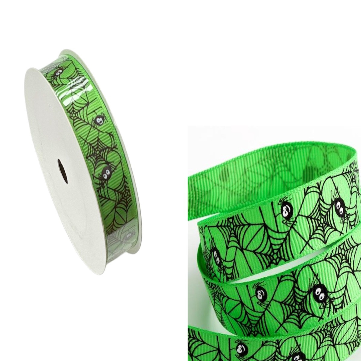 Halloween Grosgrain Ribbon - Green Spiders Cobweb: 5 Metre Roll