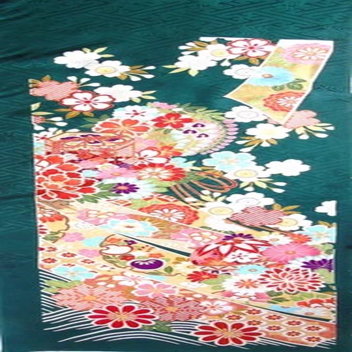 [AYANE] PRETTY THINGS ON DARK GREEN (Sample) - Japanese Silk KIMONO Fabric