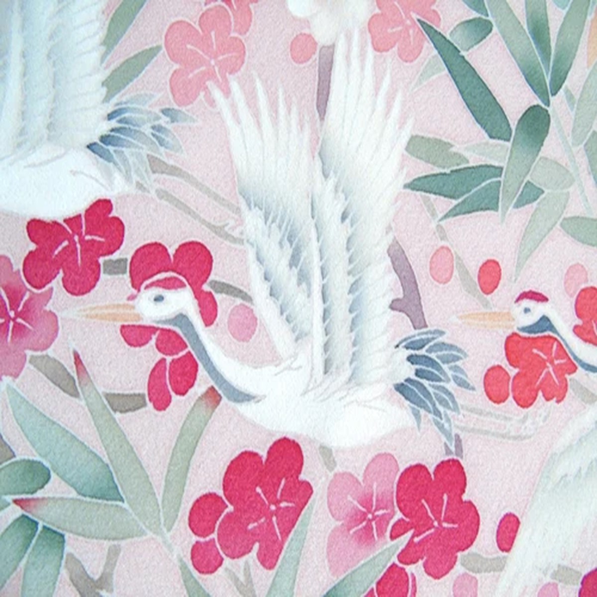 [AYANE] CRANE BIRDS & FLOWERS Washed 1A - Japanese Silk KIMONO Fabric