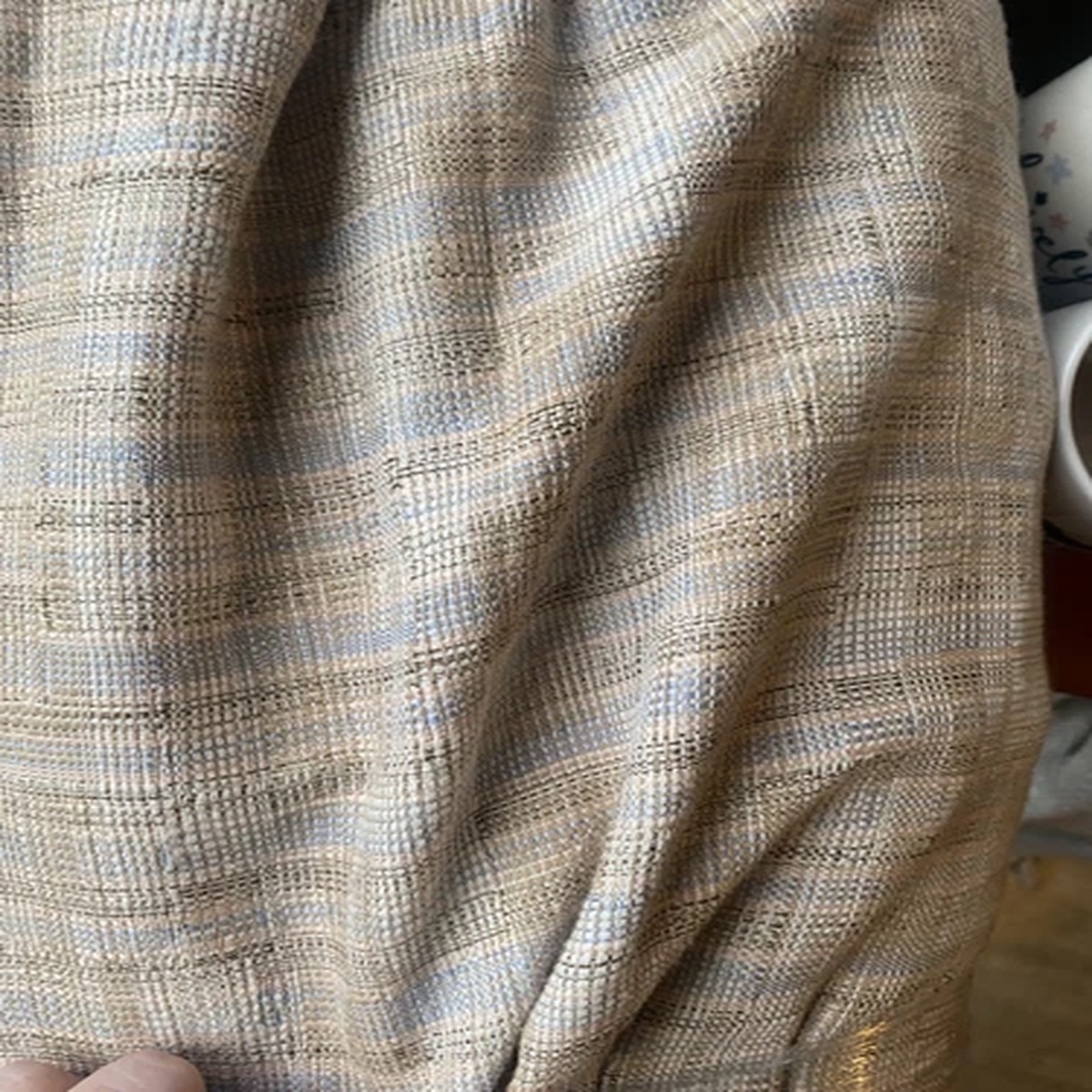 Wool & Silk Slubby Fabric Cream Beige Blue Width 150 Cm Per Metre.