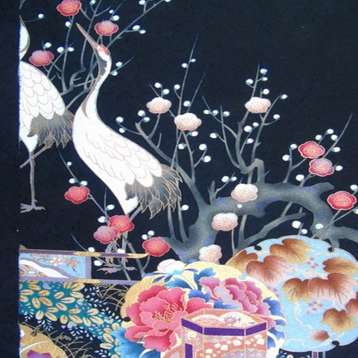 [AYANE] CRANE BIRD & FLOWERS (Sample) - Japanese Silk KIMONO Fabric