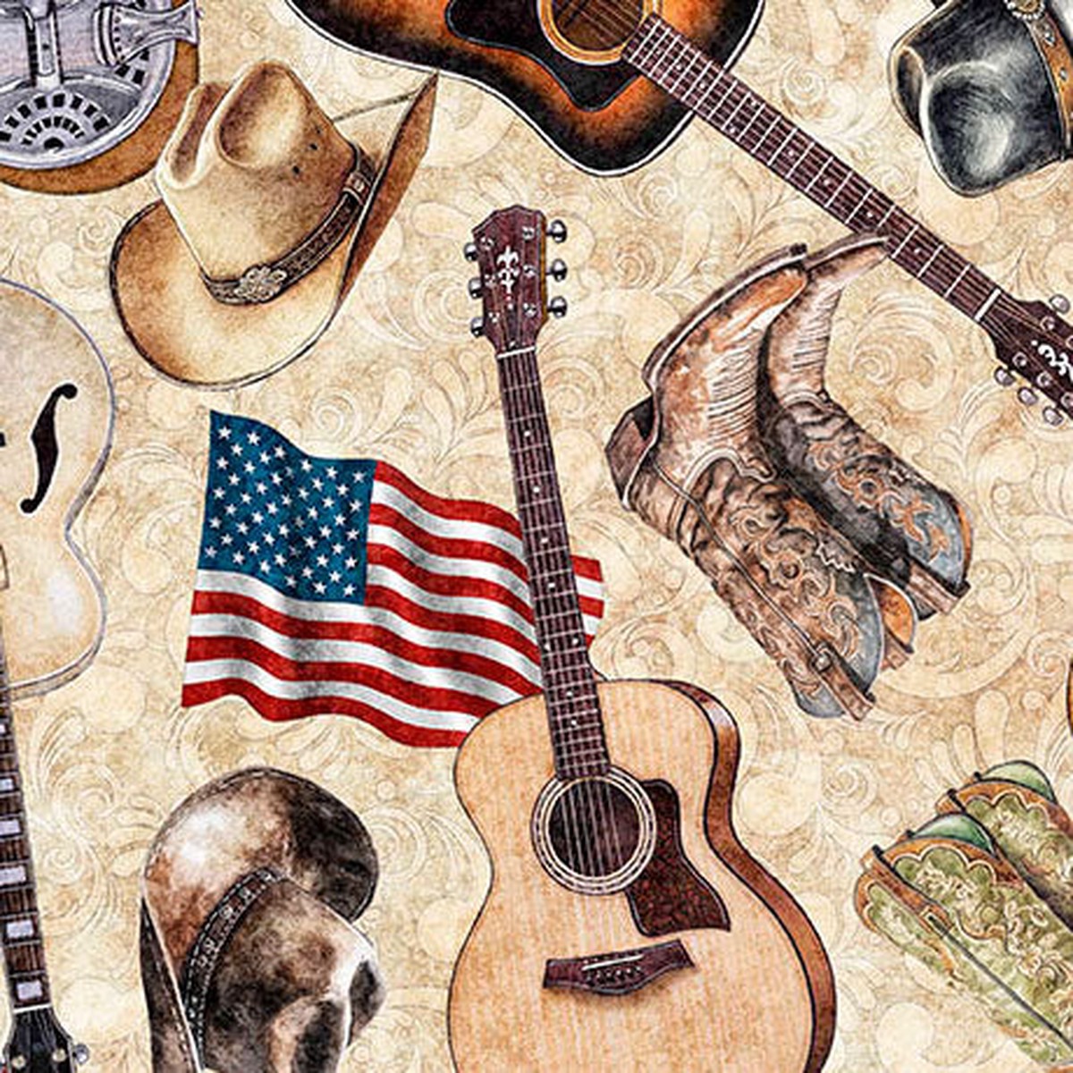 American Country Guitars Tan 44"/45" Cotton Fabric Per Yard