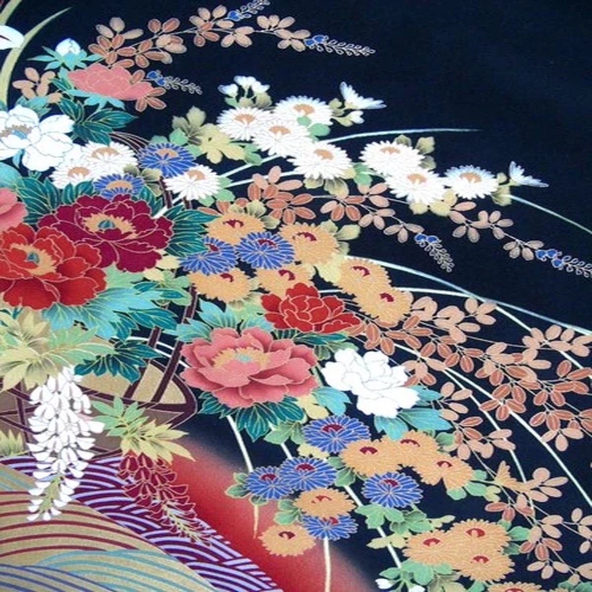 [AYANE] ARRANGED FLOWERS AND WAVES (Sample) - Japanese Silk KIMONO Fabric