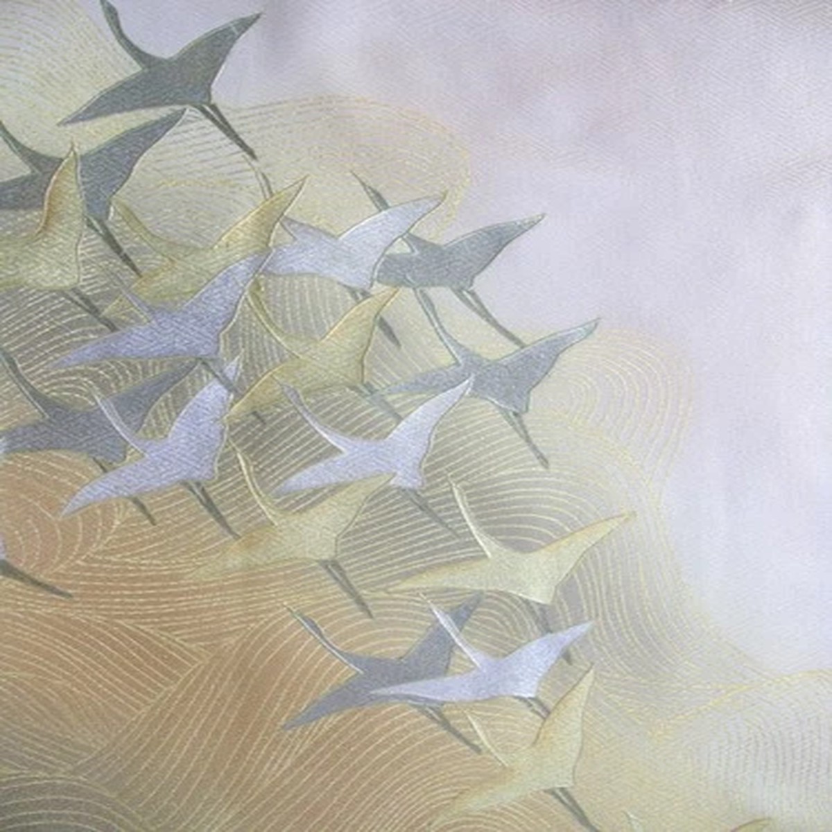 [AYANE] FLOCK OF CRANE BIRDS - Japanese Silk KIMONO Fabric