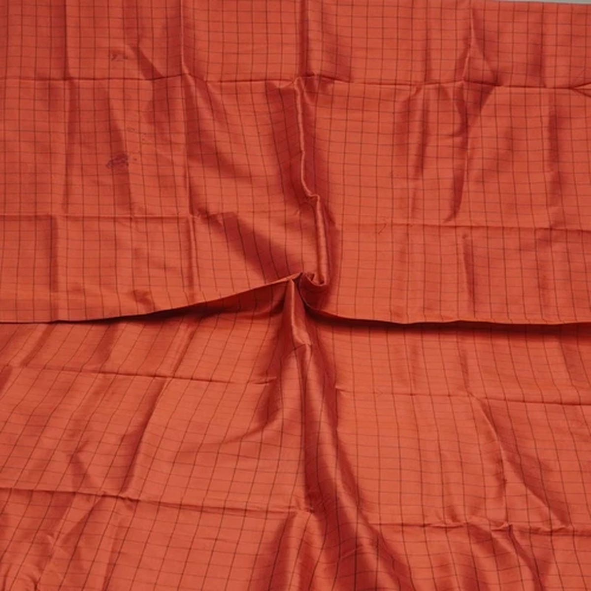Vintage Vermillion Red 100% Pure Silk Checks Sari Remnant 4YD Craft Fabric Scrap