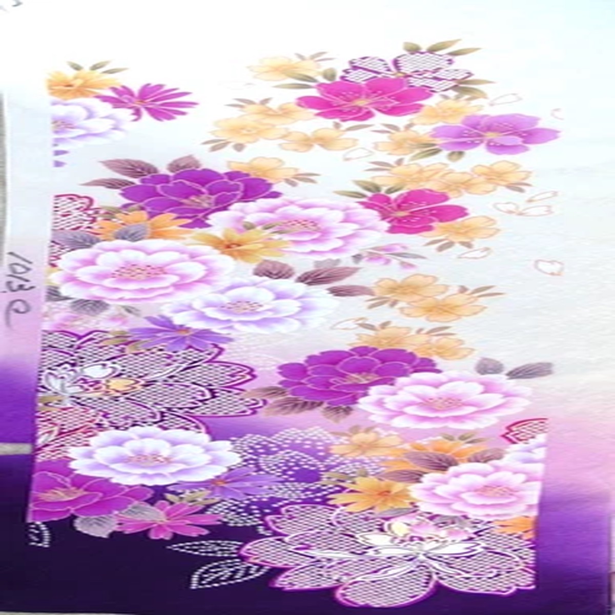 [AYANE] FOUR SEASONS' FLOWERS WHITE/PURPLE (Sample) -Japanese Silk KIMONO Fabric