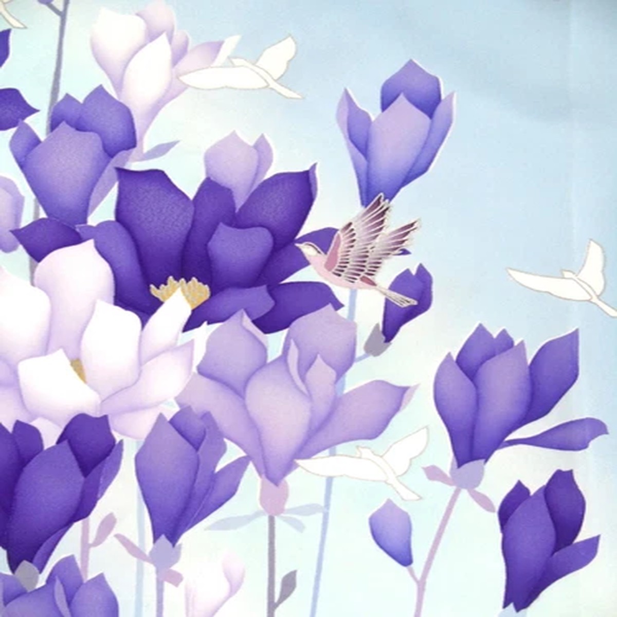 [AYANE] LITTLE BIRDS & PURPLE FLOWERS 1 - Japanese Silk Fabric