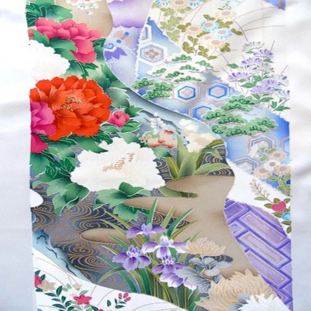 [AYANE] Embroidered 4 SEASONS' FLOWERS BLUE 1 - Japanese Silk Fabric