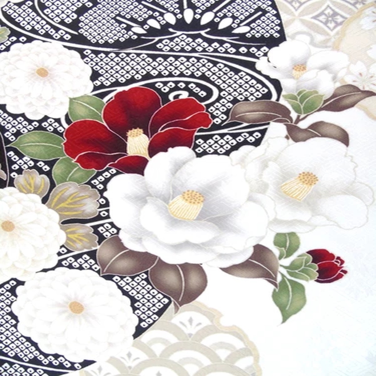[AYANE] FLOWERS BAMBOOS SNOWFLAKES (Sample)- Japanese Silk Fabric